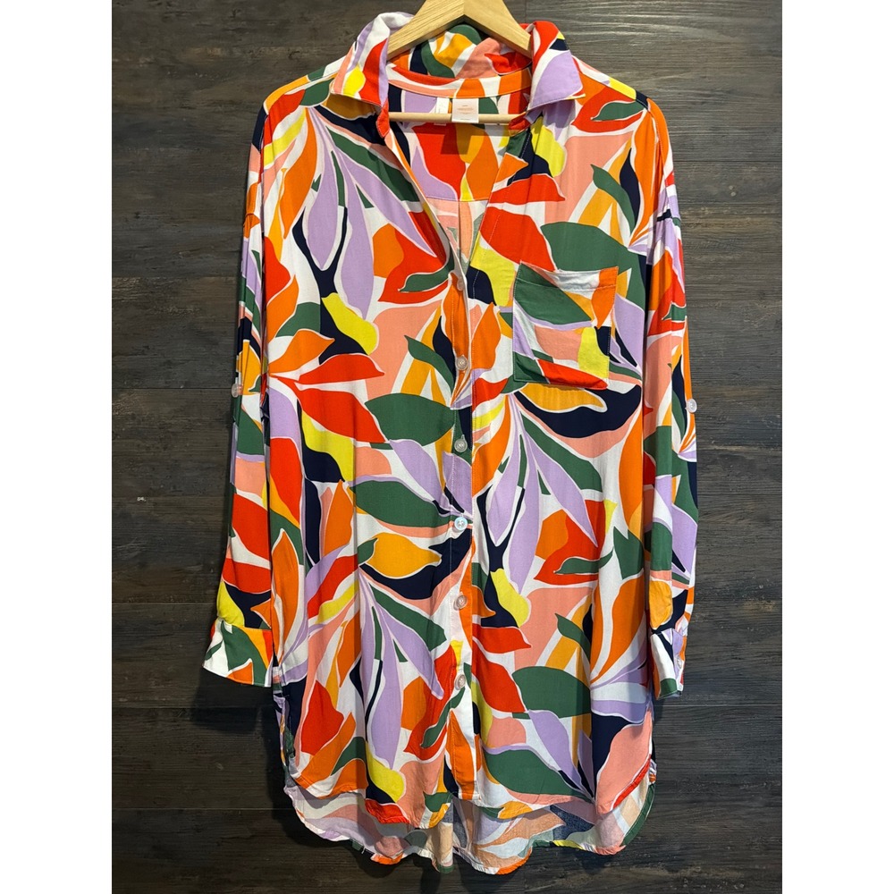 Anne Cole Women Multi Color Abstract Floral Button Down Tunic Shirt 14/16